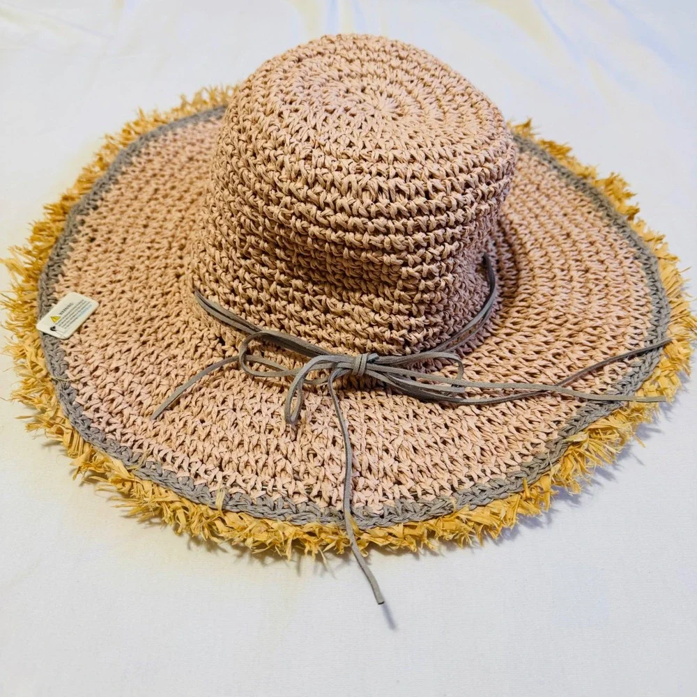 Sun Hat Tan‎ Pink Woven Paper Straw Wide Brim Fringed Edge Boho Beach Summer